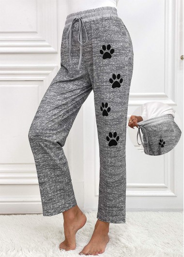 Grey bottoms,Animal Print bottoms,Animal Print Grey Straight Leg Elastic Waist Pants