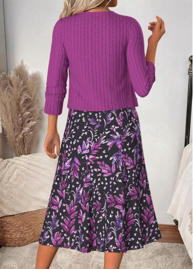 Purple dresses,Floral dresses,Plants dresses,Casual dresses,ROTITA Tummy Coverage Floral Print Purple Dress and Cardigan