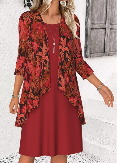 Red dresses,Plants dresses,Casual dresses,ROTITA Tummy Coverage Leaf Print Red Dress and Cardigan