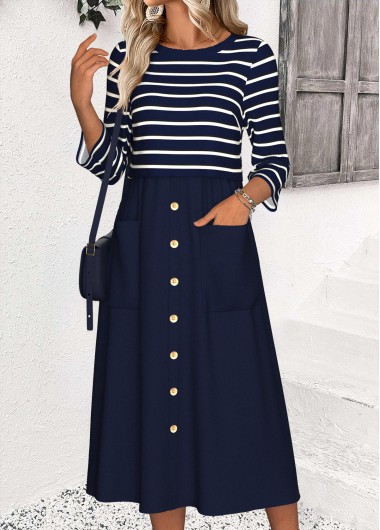 Navy dresses,Striped dresses,Geometric dresses,Casual dresses,ROTITA Tummy Coverage Striped Navy Round Neck 3/4 Sleeve Dress