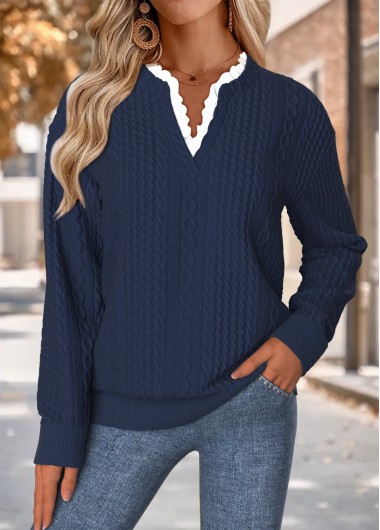 Navy tops,Plain Color tops,ROTITA Tummy Coverage Navy Split Neck Long Sleeve Sweatshirt