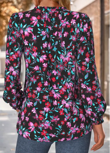 Multi Color tops,Floral tops,Plants tops,ROTITA Frill Floral Print Multi Color V Neck Blouse