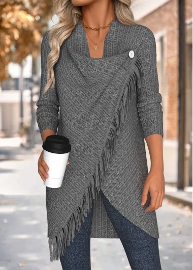 Grey tops,Plain Color tops,ROTITA Tummy Coverage Grey Draped Neck Long Sleeve Coat