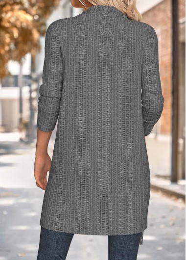 Grey tops,Plain Color tops,ROTITA Tummy Coverage Grey Draped Neck Long Sleeve Coat