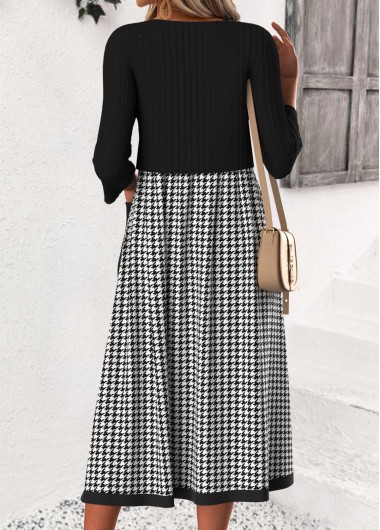 Black dresses,Plaid dresses,Geometric dresses,Everyday dresses,Casual dresses,ROTITA Tummy Coverage Plaid Black Round Neck 3/4 Sleeve Dress