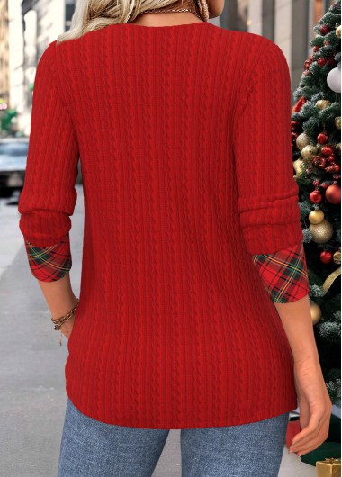 Deep Red tops,Plaid tops,Geometric tops,ROTITA Patchwork Plaid Deep Red Draped Neck T Shirt