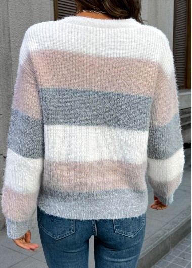 Light Pink tops,Striped tops,Geometric tops,Tummy Coverage Striped Light Pink Round Neck Sweater