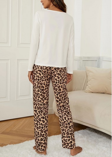 White loungewear,Leopard loungewear,Animal Print loungewear,Leopard White Round Neck Lounge Top and Pants