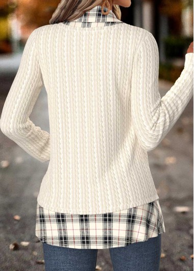 Beige tops,Plaid tops,Geometric tops,ROTITA Tummy Coverage Plaid Beige Fake Two Piece Twinset