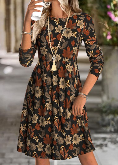 Multi Color dresses,Plants dresses,Casual dresses,ROTITA Tummy Coverage Leaf Print Multi Color Round Neck Dress