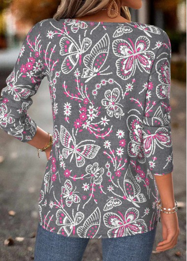 Dark Grey Marl tops,Animal Print tops,ROTITA Tummy Coverage Butterfly Print Dark Grey Marl T Shirt