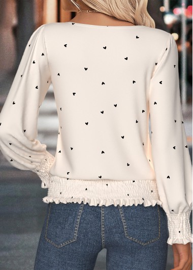 Beige tops,Heart tops,ROTITA Smocked Heart Print Beige Boat Neck T Shirt