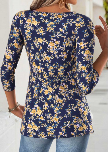 Navy tops,Floral tops,Plants tops,ROTITA Tummy Coverage Floral Print Navy Heart Collar T Shirt