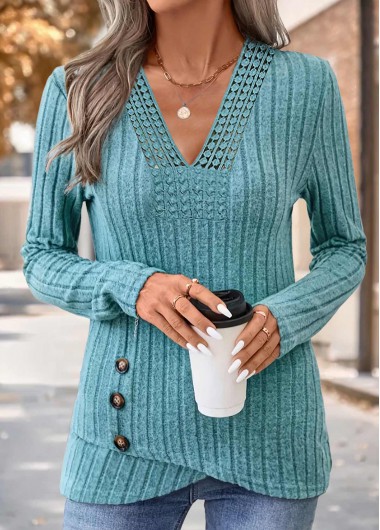 Mint Green tops,Plain Color tops,ROTITA Patchwork Multi Color V Neck Long Sleeve T Shirt
