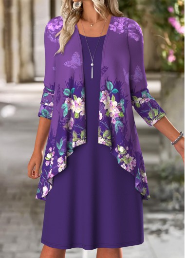 Purple dresses,Floral dresses,Plants dresses,Casual dresses,ROTITA Tummy Coverage Floral Print Purple Dress and Cardigan