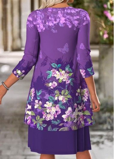 Purple dresses,Floral dresses,Plants dresses,Casual dresses,ROTITA Tummy Coverage Floral Print Purple Dress and Cardigan