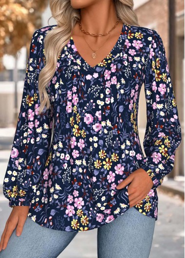 Navy tops,Floral tops,Plants tops,ROTITA Tummy Coverage Floral Print Navy V Neck Blouse