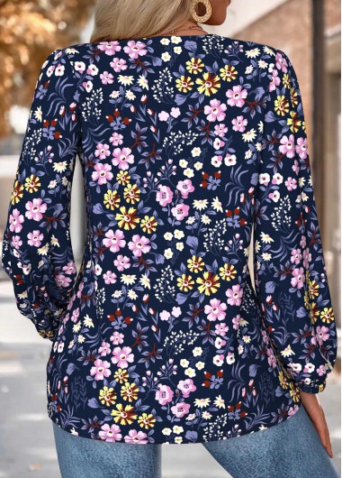 Navy tops,Floral tops,Plants tops,ROTITA Tummy Coverage Floral Print Navy V Neck Blouse