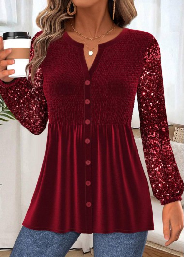 Wine Red tops,Plain Color tops,ROTITA Peplum Wine Red Split Neck Long Sleeve Blouse