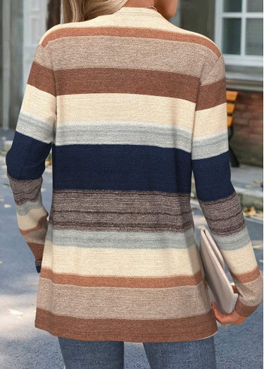 Multi Color tops,Striped tops,Geometric tops,ROTITA Curved Hem Striped Multi Color Long Sleeve Knit Cardigan