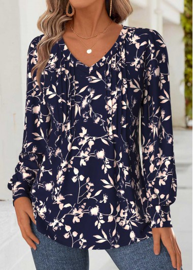 Navy tops,Floral tops,Plants tops,ROTITA Tummy Coverage Floral Print Navy V Neck T Shirt