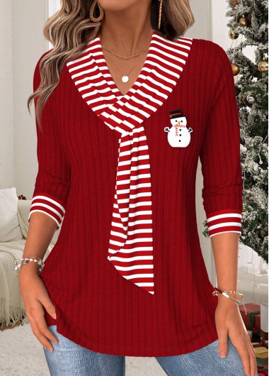 Wine Red tops,Striped tops,Geometric tops,ROTITA Christmas Tummy Coverage Striped Wine Red T Shirt