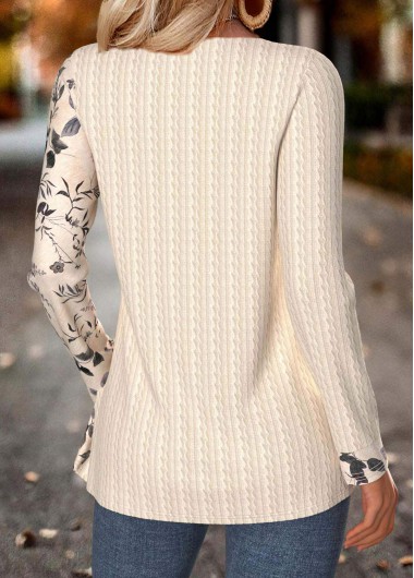 Beige tops,Plants tops,ROTITA Tummy Coverage Leaf Print Beige Round Neck T Shirt