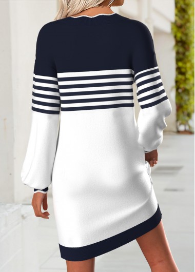 Navy dresses,Striped dresses,Geometric dresses,Casual dresses,ROTITA Striped Navy Short V Neck Long Sleeve Dress