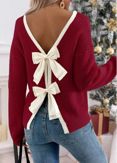 Wine Red tops,Contrast Color tops,ROTITA Tummy Coverage Wine Red Round Neck Long Sleeve Sweater