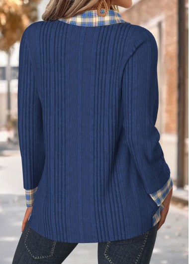 Navy tops,Plaid tops,Geometric tops,ROTITA Tummy Coverage Plaid Navy Long Sleeve T Shirt