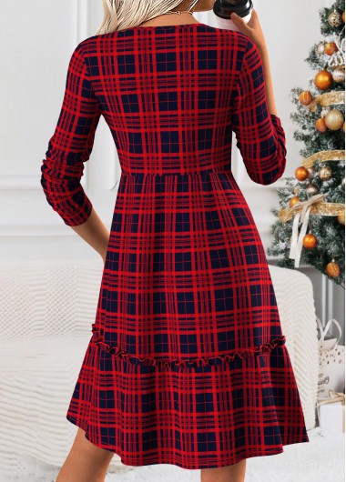 Wine Red dresses,Plaid dresses,Geometric dresses,Casual dresses,ROTITA Tummy Coverage Plaid Wine Red Round Neck Dress