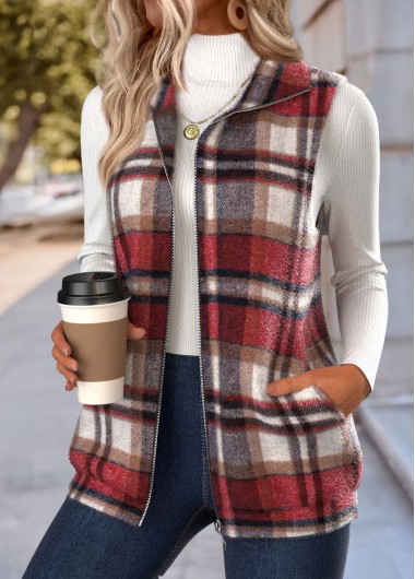 Red tops,Plaid tops,Geometric tops,ROTITA Double Side Pockets Plaid Red Stand Collar Sleeveless Waistcoat