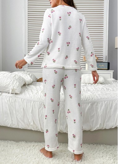 White loungewear,Floral loungewear,Plants loungewear,Floral Print White Round Neck Lounge Top and Pants