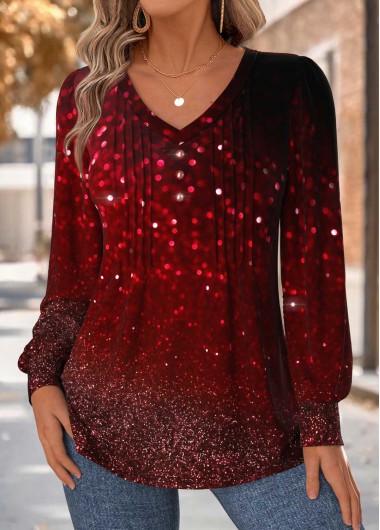 Red tops,Ombre tops,ROTITA Tummy Coverage Ombre Red V Neck T Shirt