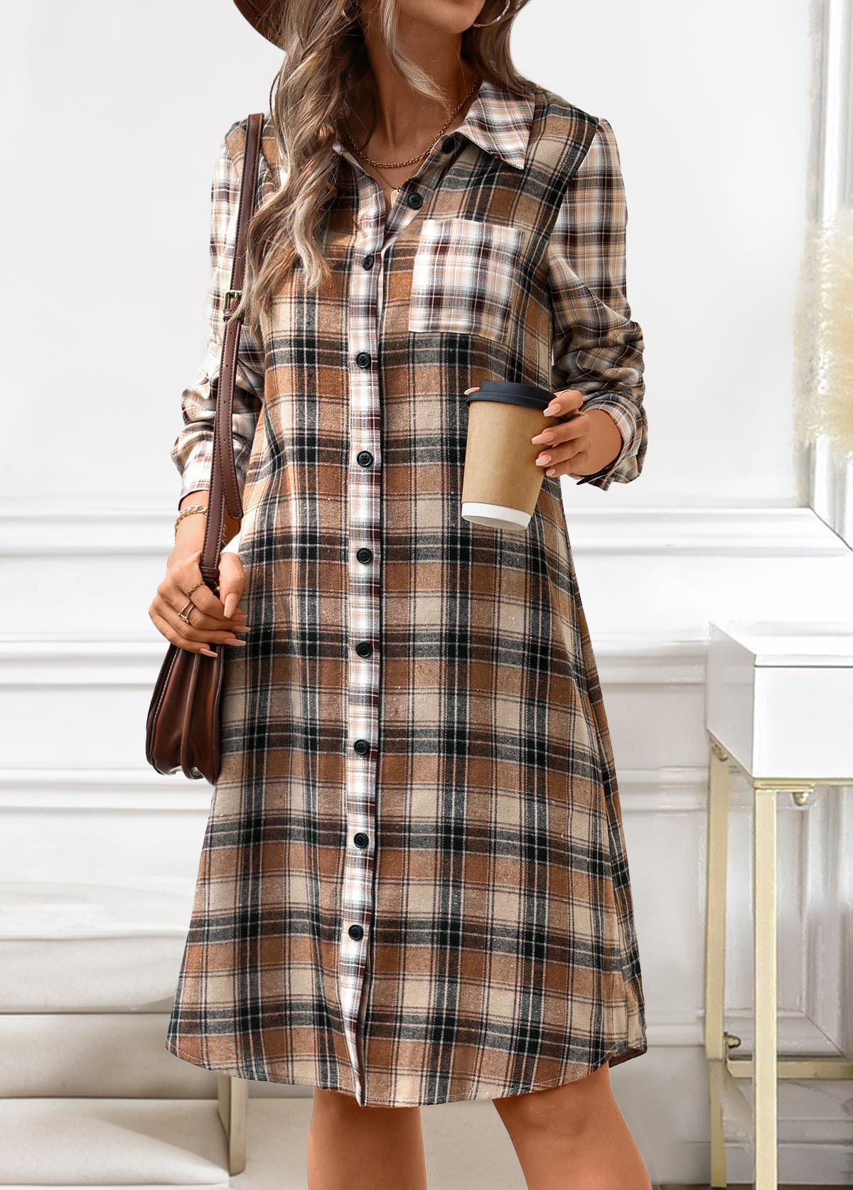 Dark Coffee dresses,Plaid dresses,Striped dresses,Geometric dresses,Everyday dresses,Casual dresses,ROTITA Button Plaid Dark Coffee A Line Shirt Collar Dress