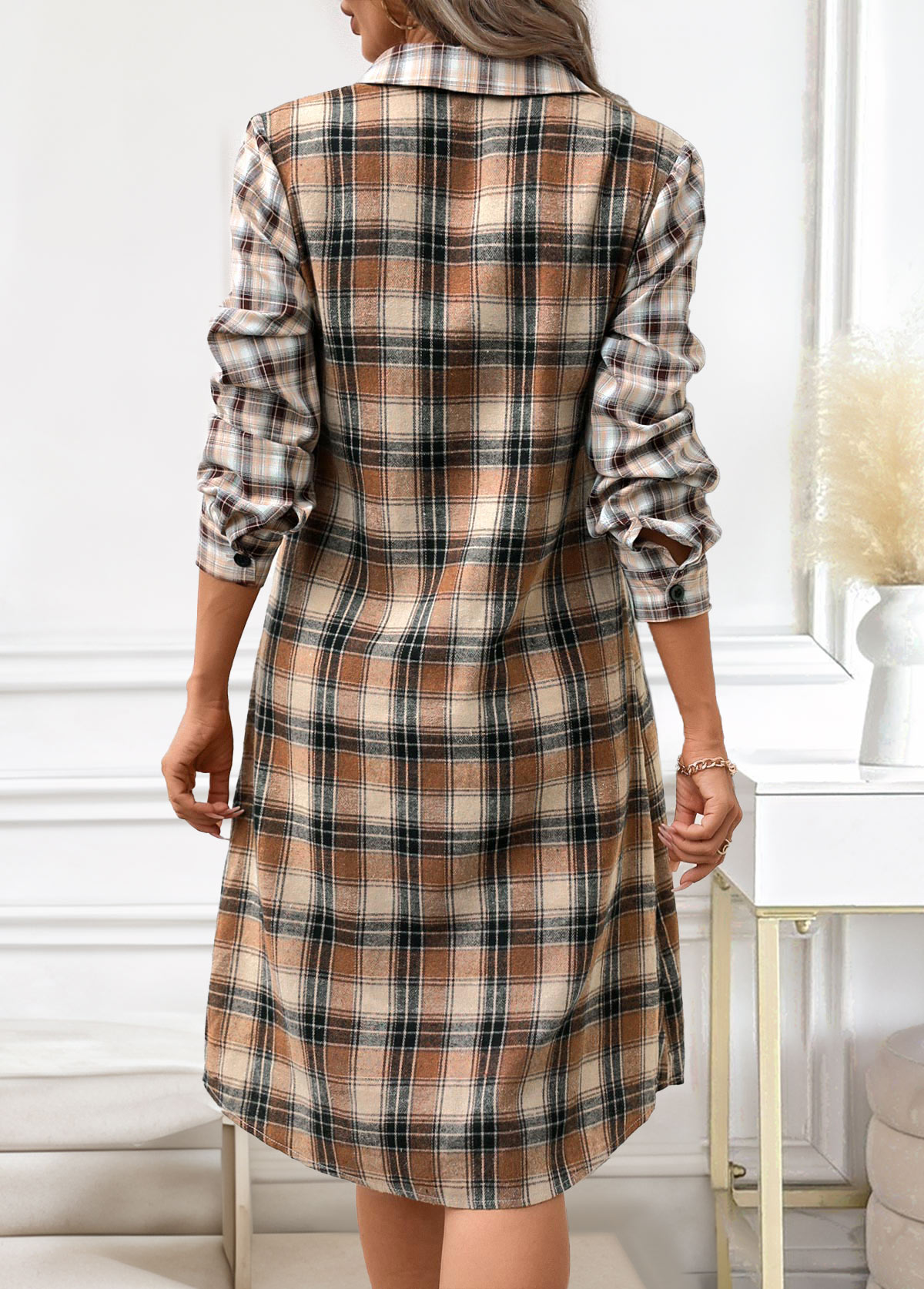 Dark Coffee dresses,Plaid dresses,Striped dresses,Geometric dresses,Everyday dresses,Casual dresses,ROTITA Button Plaid Dark Coffee A Line Shirt Collar Dress