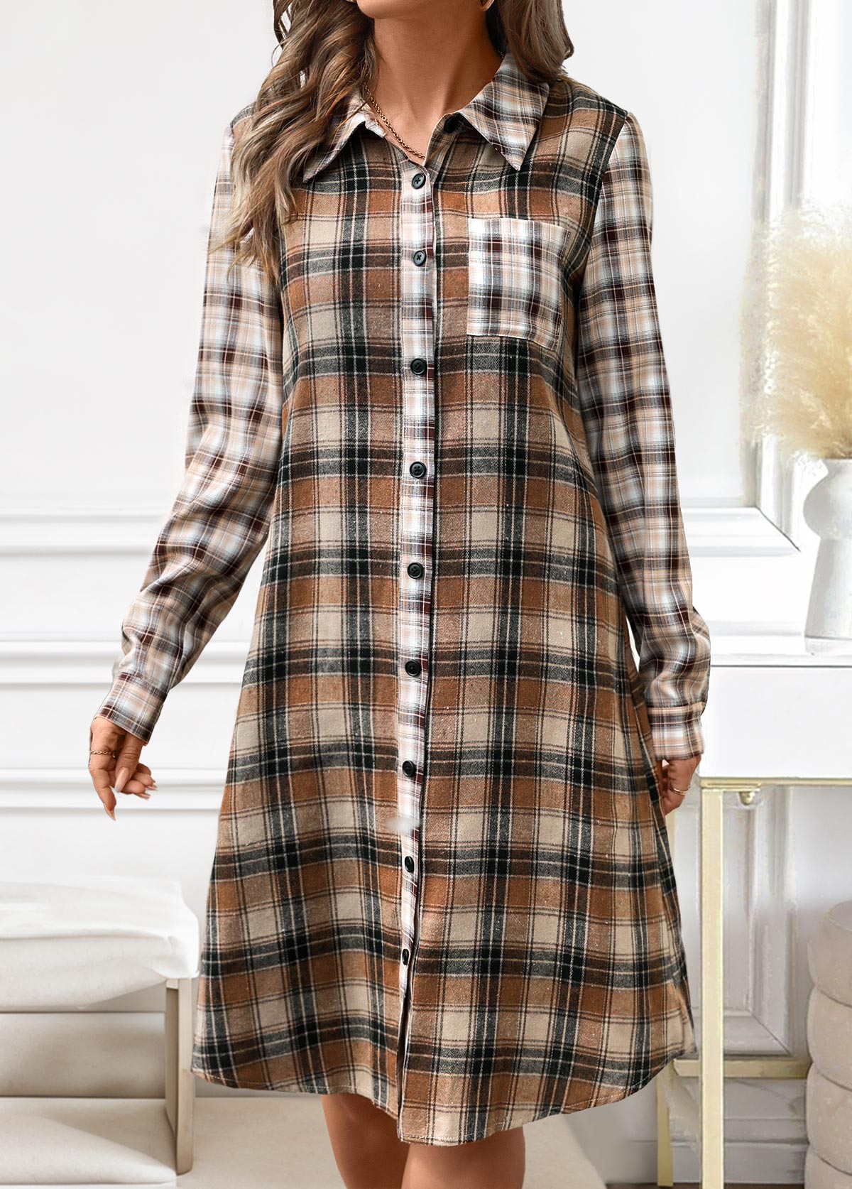 Dark Coffee dresses,Plaid dresses,Striped dresses,Geometric dresses,Everyday dresses,Casual dresses,ROTITA Button Plaid Dark Coffee A Line Shirt Collar Dress