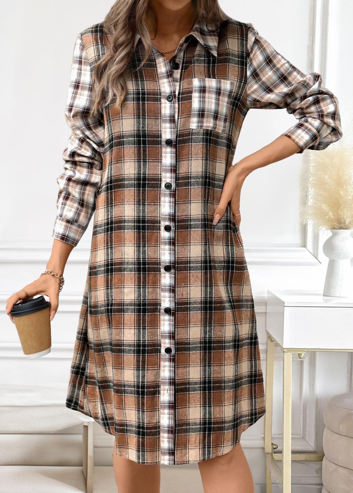 Dark Coffee dresses,Plaid dresses,Striped dresses,Geometric dresses,Everyday dresses,Casual dresses,ROTITA Button Plaid Dark Coffee A Line Shirt Collar Dress