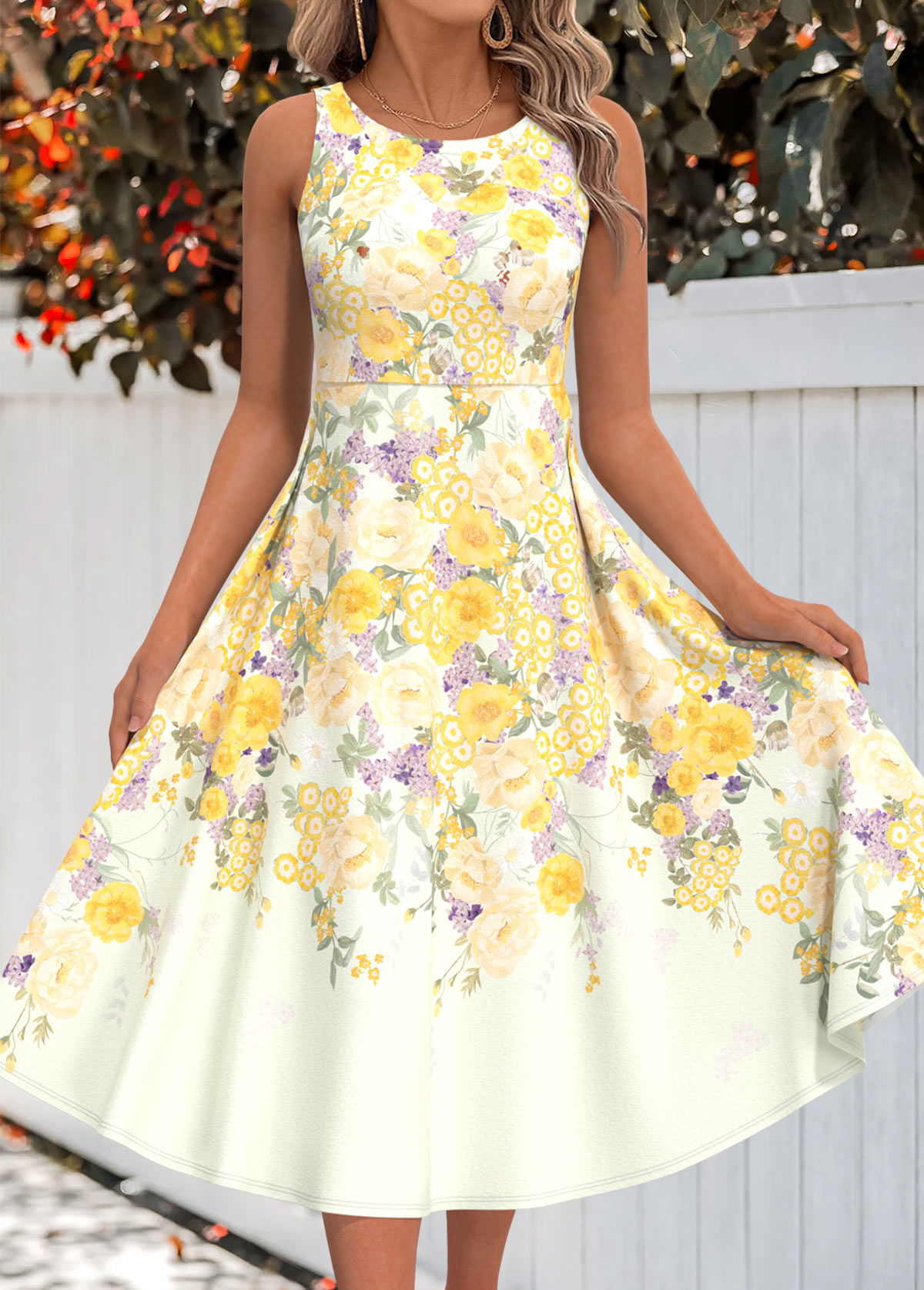 Light Yellow dresses,Floral dresses,Plants dresses,Everyday dresses,Casual dresses,ROTITA Two Piece Floral Print Light Yellow Dress and Cardigan