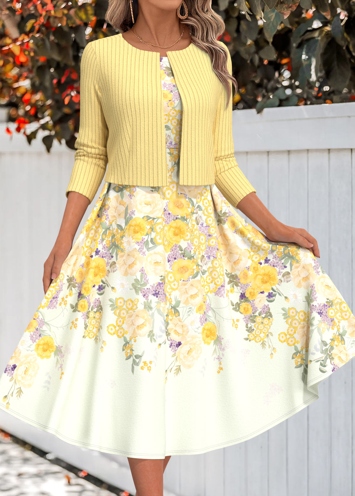 Light Yellow dresses,Floral dresses,Plants dresses,Everyday dresses,Casual dresses,ROTITA Two Piece Floral Print Light Yellow Dress and Cardigan