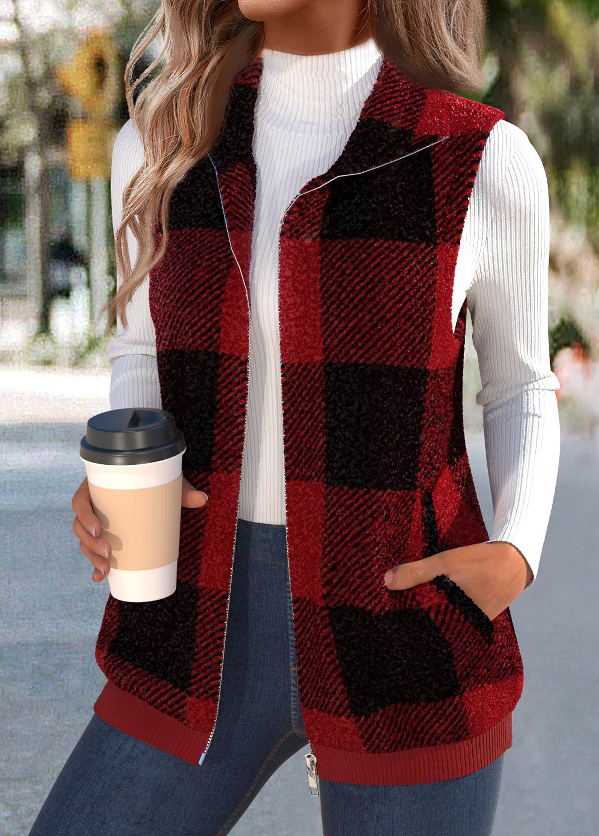 Wine Red tops,Plaid tops,ROTITA Plush Plaid Wine Red Stand Collar Sleeveless Waistcoat