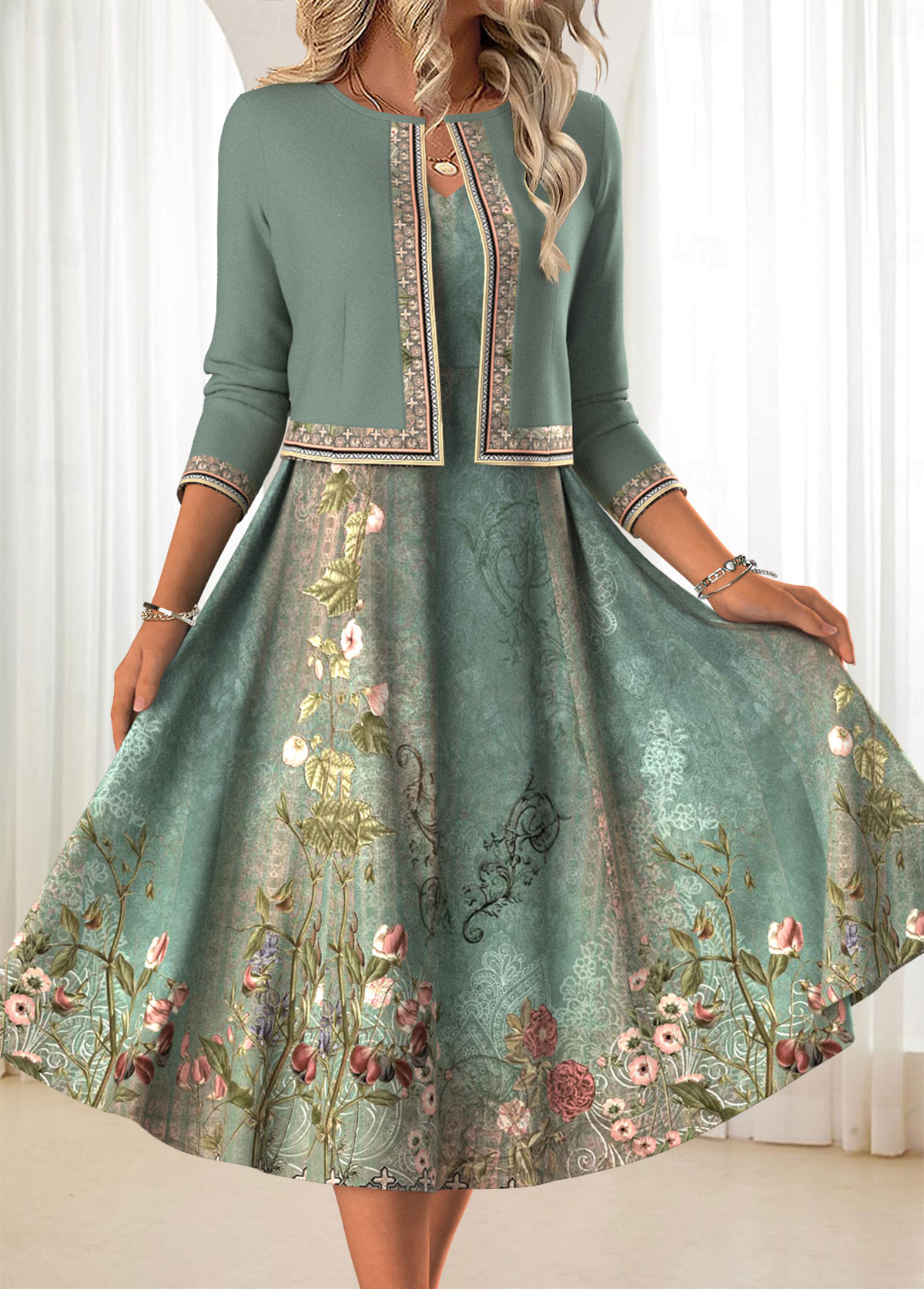Sage Green dresses,Floral dresses,Plants dresses,Everyday dresses,Casual dresses,ROTITA Two Piece Floral Print Sage Green Dress and Cardigan
