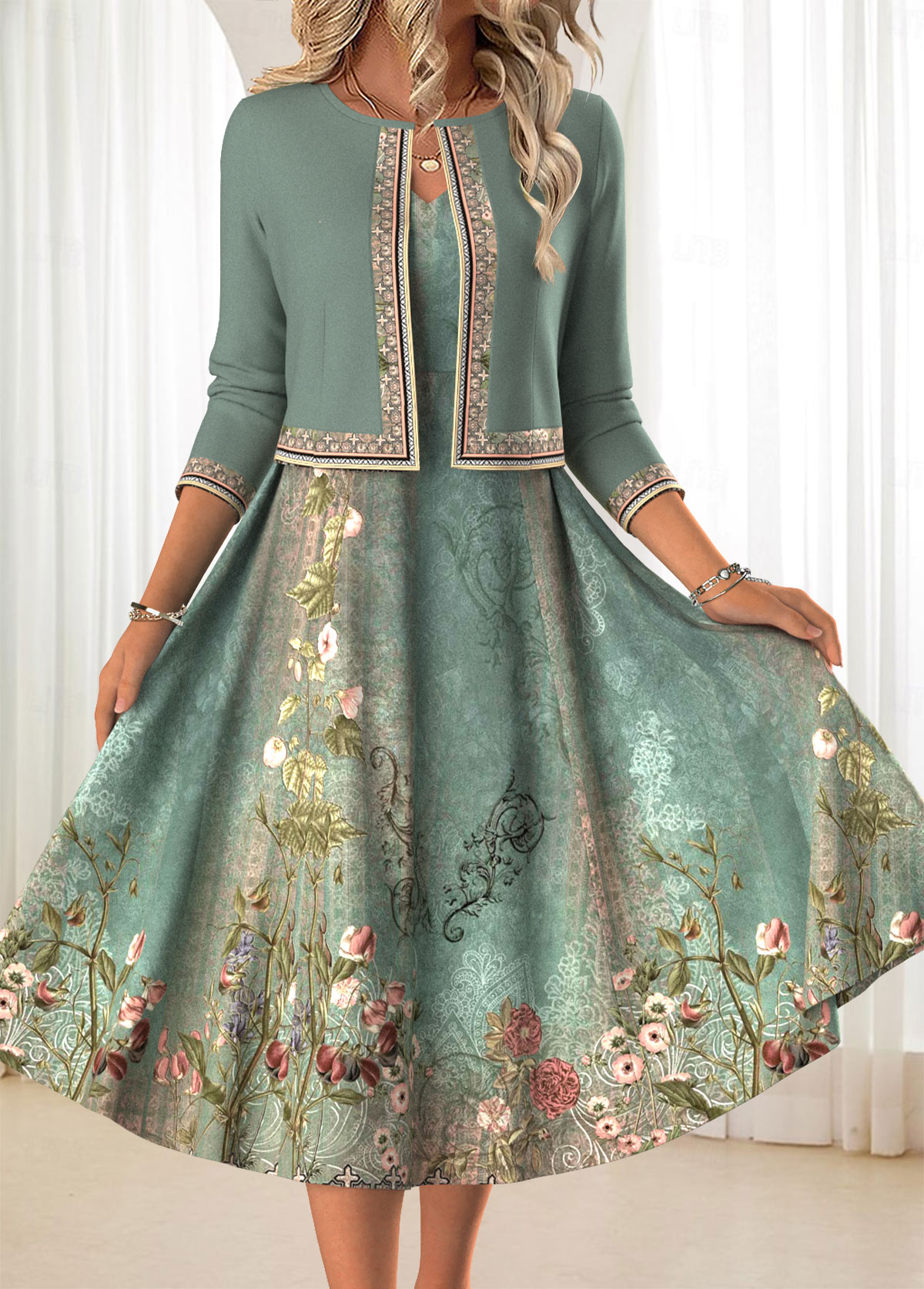 Sage Green dresses,Floral dresses,Plants dresses,Everyday dresses,Casual dresses,ROTITA Two Piece Floral Print Sage Green Dress and Cardigan
