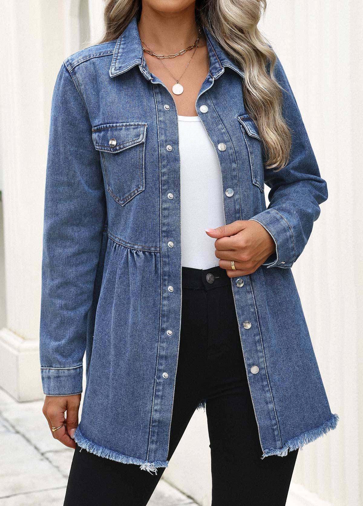 Denim Blue tops,Plain Color tops,Tummy Coverage Denim Blue Turn Down Collar Coat
