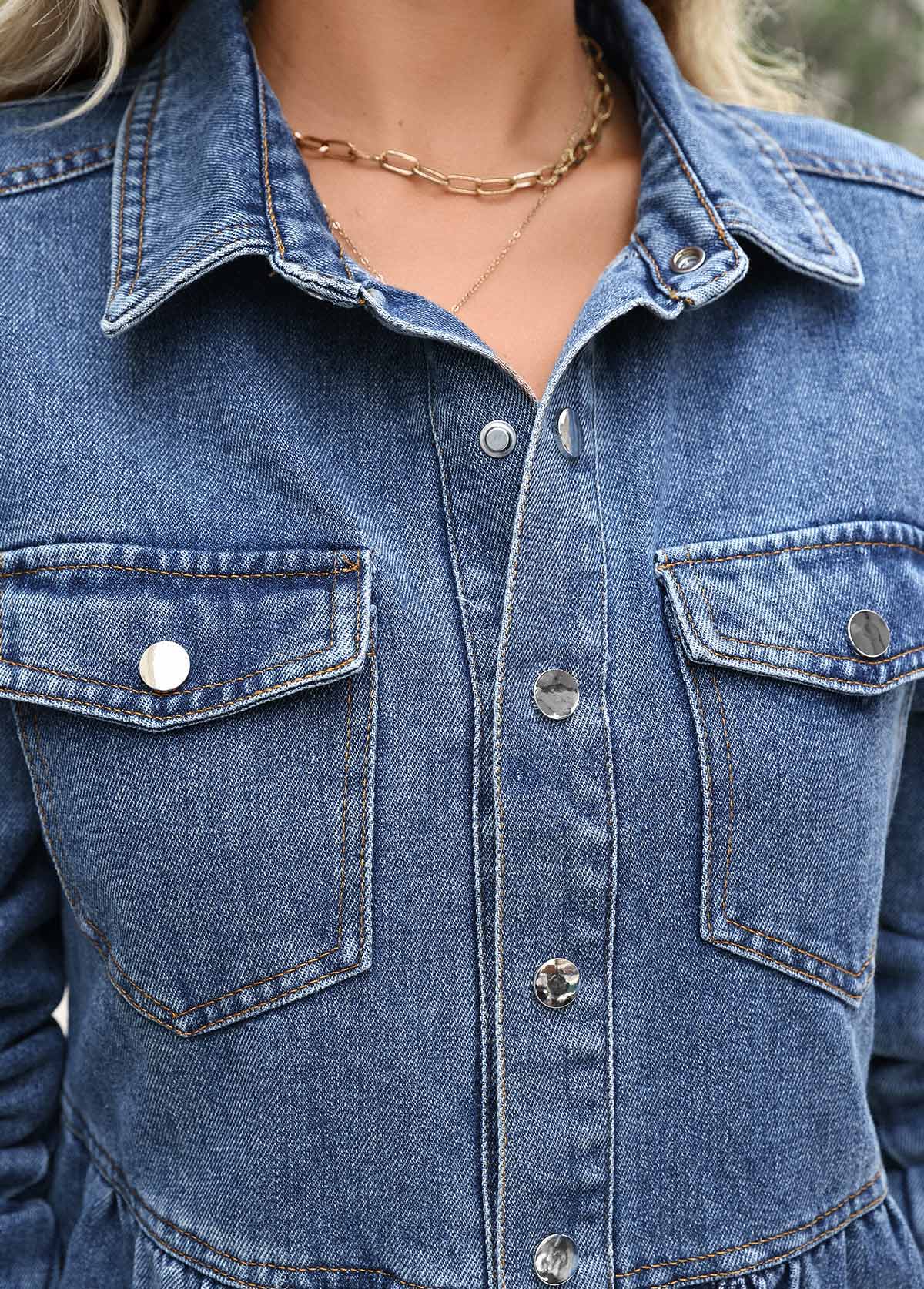 Denim Blue tops,Plain Color tops,Tummy Coverage Denim Blue Turn Down Collar Coat