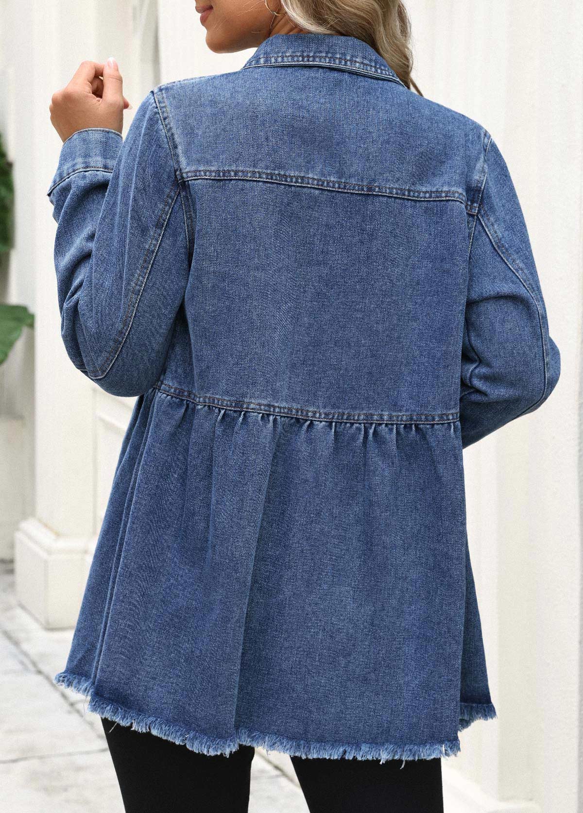 Denim Blue tops,Plain Color tops,Tummy Coverage Denim Blue Turn Down Collar Coat
