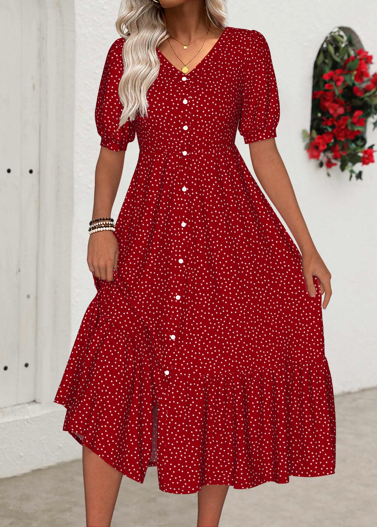 Red dresses,Dot dresses,Everyday dresses,Casual dresses,ROTITA Polka Dot Red V Neck Short Sleeve Dress