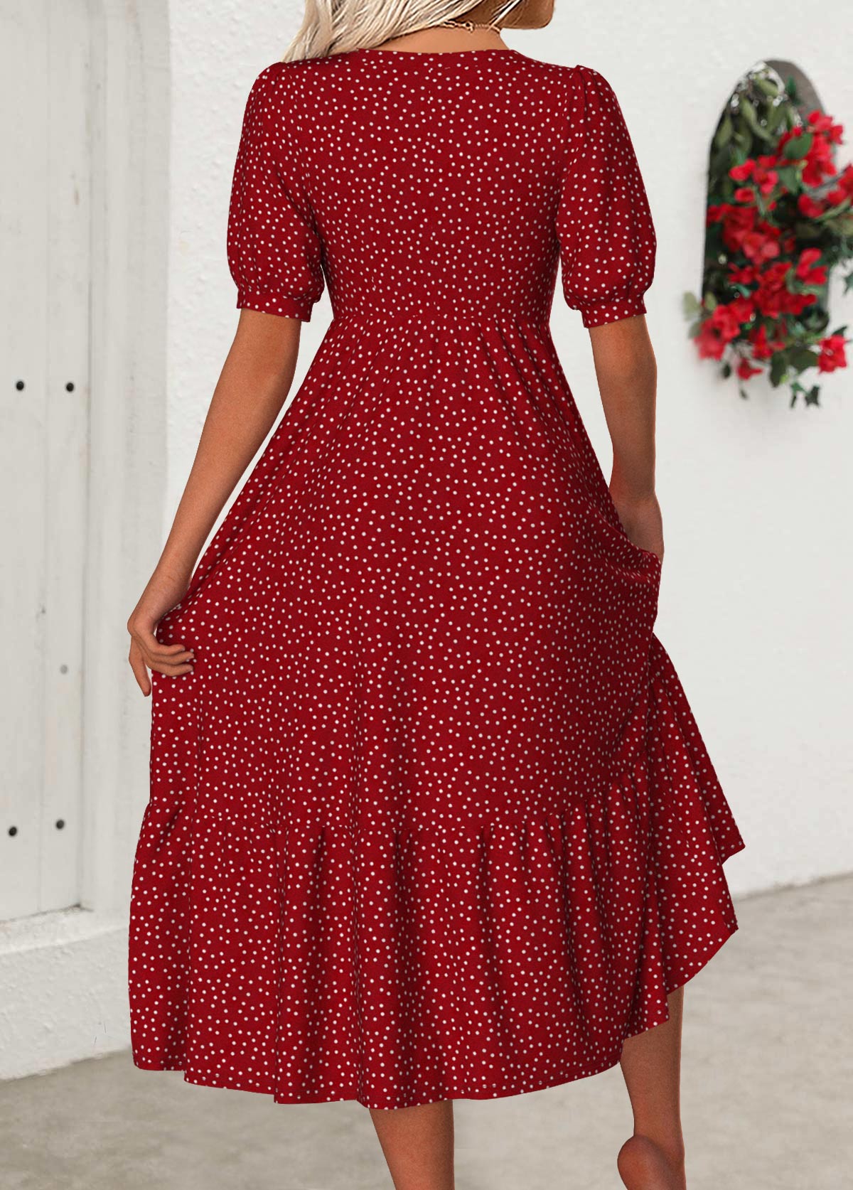 Red dresses,Dot dresses,Everyday dresses,Casual dresses,ROTITA Polka Dot Red V Neck Short Sleeve Dress