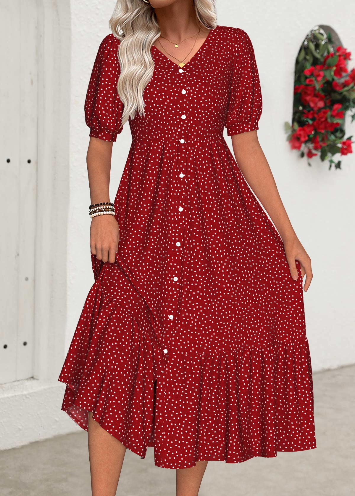 Red dresses,Dot dresses,Everyday dresses,Casual dresses,ROTITA Polka Dot Red V Neck Short Sleeve Dress
