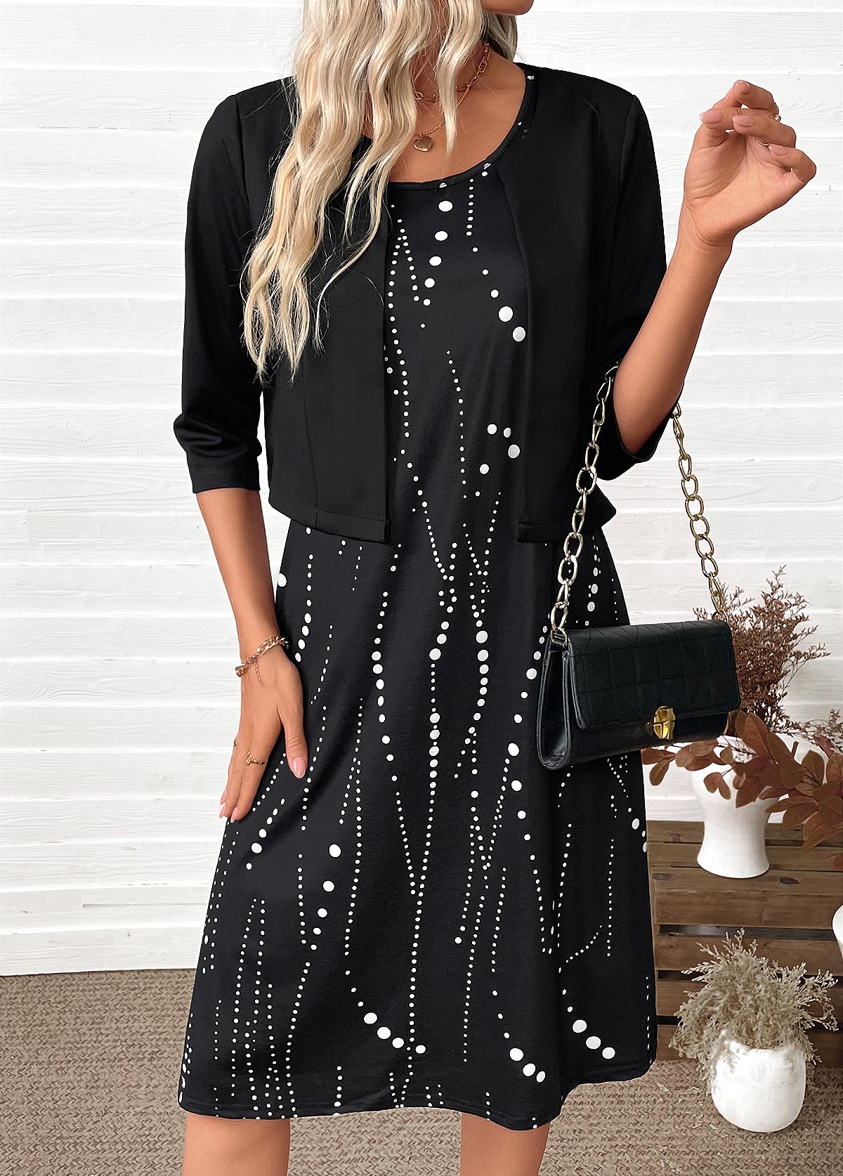 Black dresses,Dot dresses,Everyday dresses,Casual dresses,ROTITA Tummy Coverage Polka Dot Black Dress and Cardigan